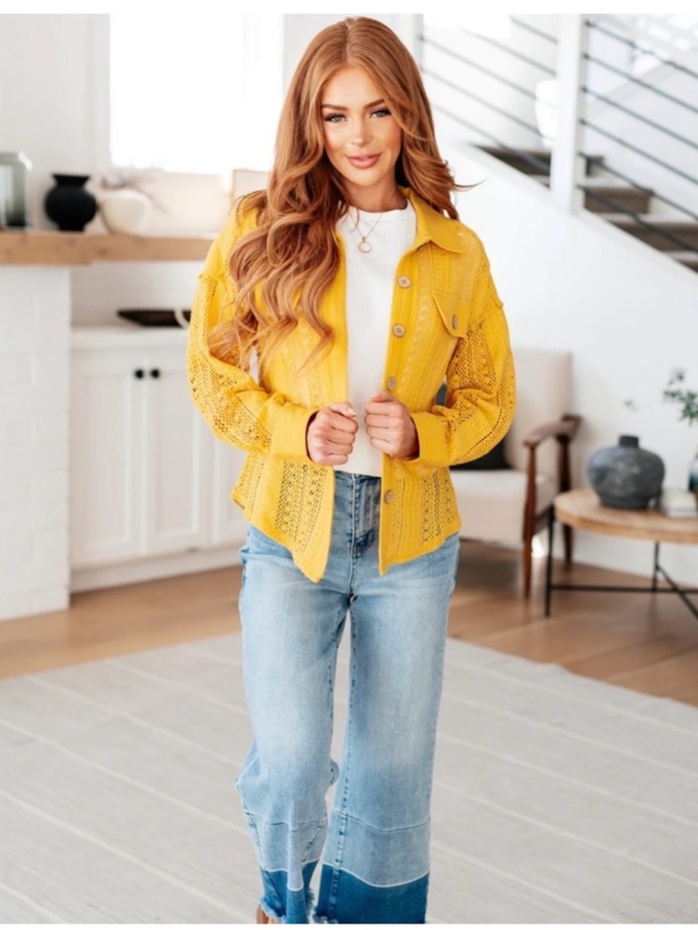 NWT Yellow Crochet Lace Button Down Shacket Top Size Small